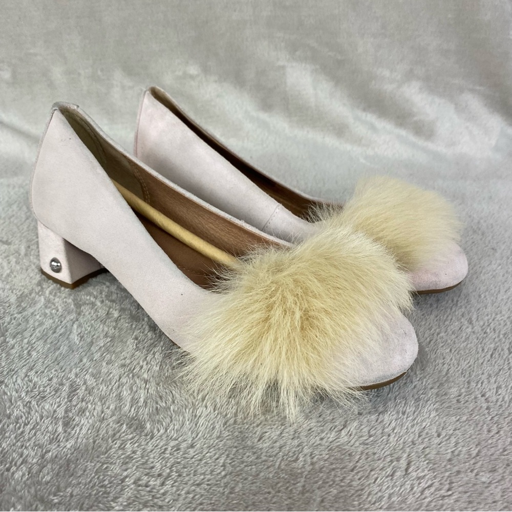 UGG Mirabelle Fluff Heel Size 7 Seashell Pink Suede Fur Slip On Shoes NEW